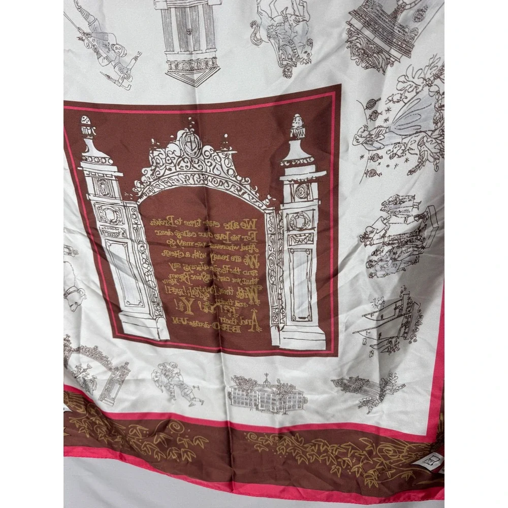 Vintage Brown University Silk Scarf Ivy League Collegiate Crest Brown Red White